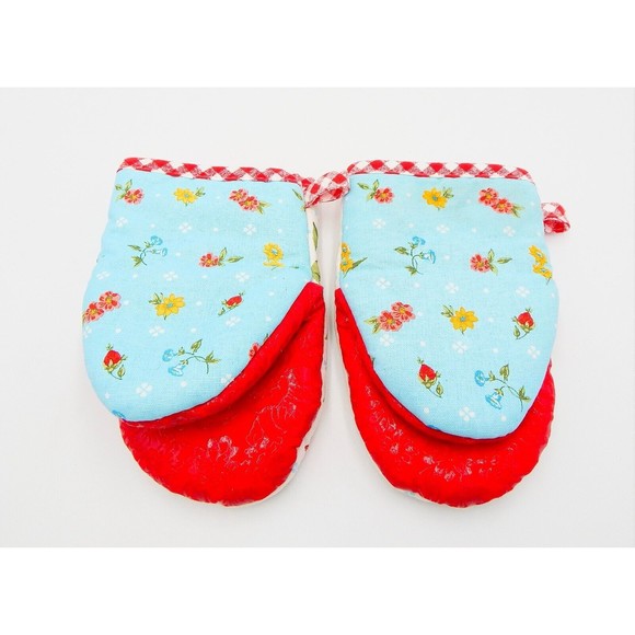 The Pioneer Woman Sweet Rose Mini Oven Mitt Pair Red Check Gingham Blue Floral - Picture 4 of 10